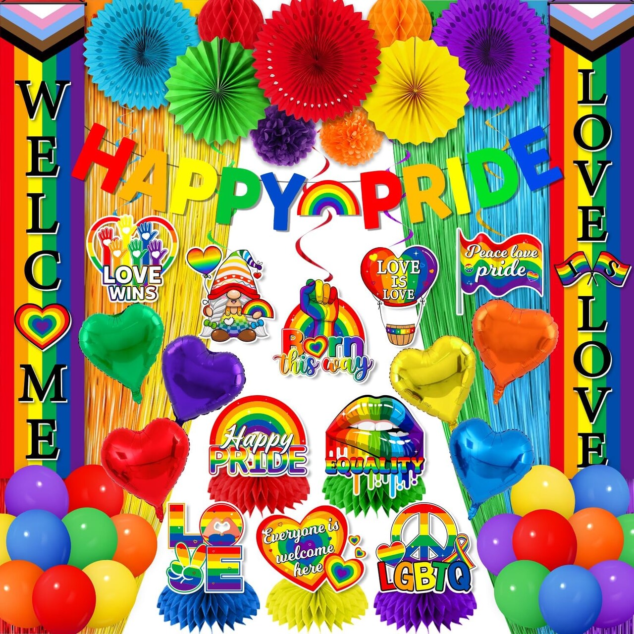 46PCS LGBTQ Pride Party Decorations Set – Love is Love Porch Sign, Happy Pride Banner, Rainbow Balloons, Hanging Swirls, Fringe Curtain & Centerpieces for Pride Month Celebration